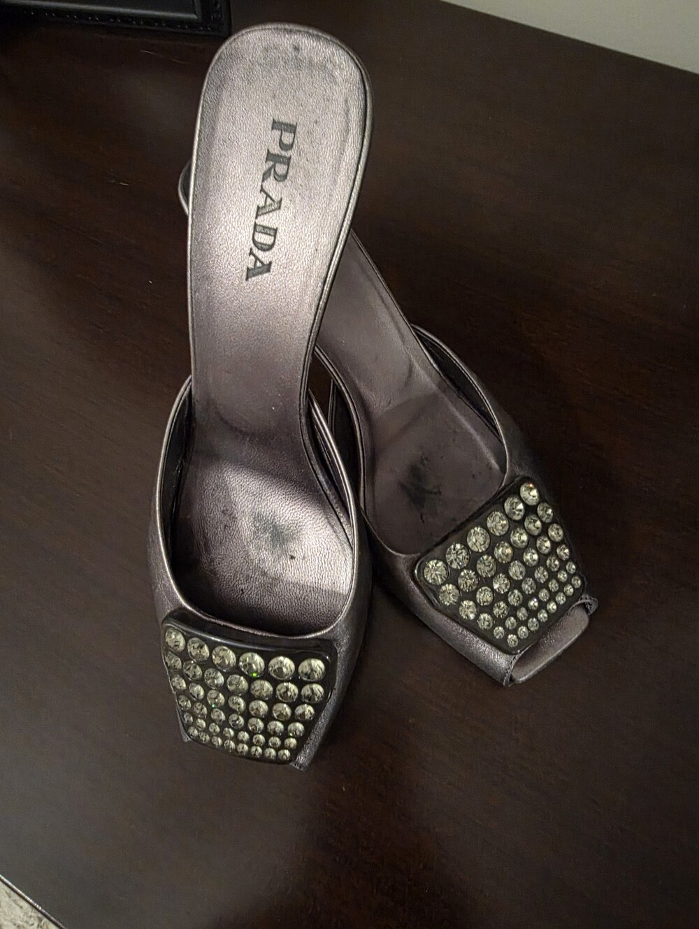 Prada Siver Leather Jeweled Square-Toe Mules - Picture 9 of 9